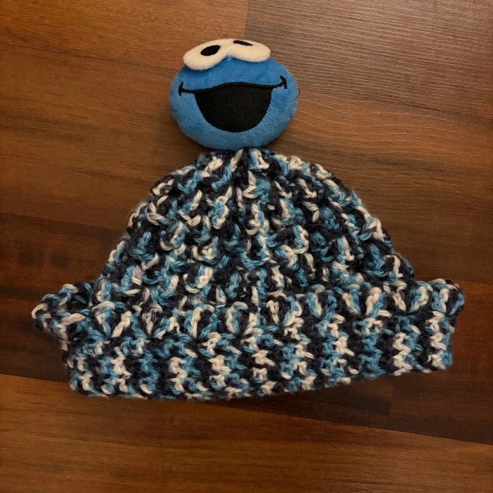 Kids Crochet Cookie Monster Hat Beanie Winter‎ Warm Soft Blue Novelty